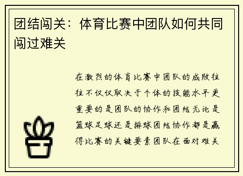 团结闯关：体育比赛中团队如何共同闯过难关